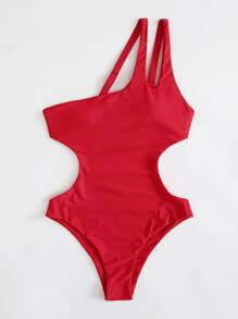 Cut Out One Shoulder One Piece Swimsuit - Red - View 3