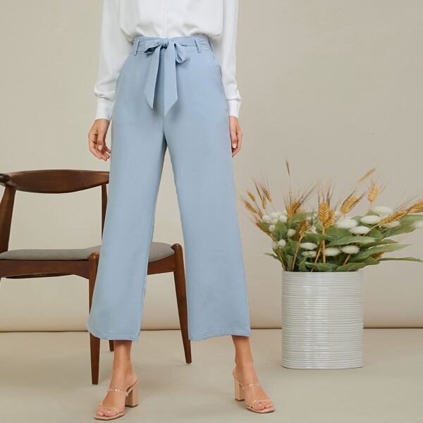

Slant Pocket Belted Palazzo Pants, Pastel baby blue