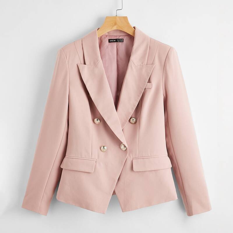

Notched Collar Double Breasted Blazer, Pastel baby pink