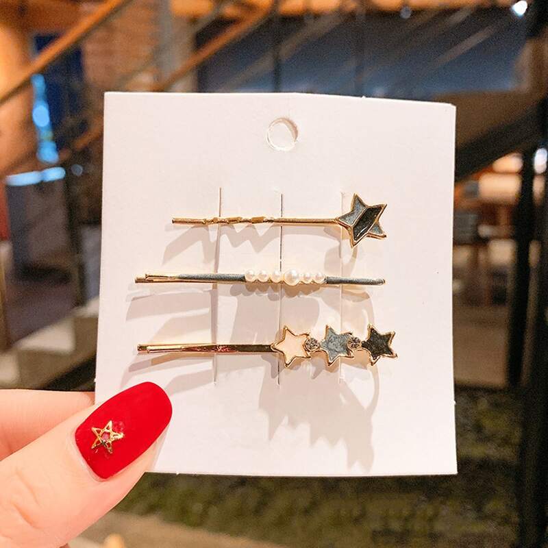 

3pcs Star & Faux Pearl Decor Hair Clip, Gold