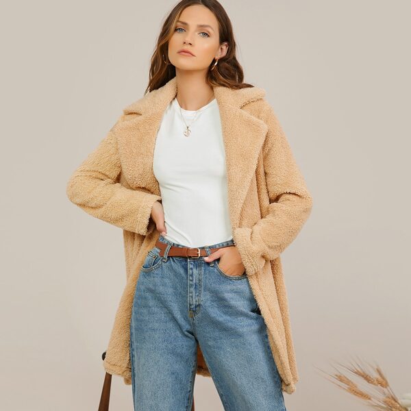 

Notch Collar Slant Pocket Teddy Coat, Apricot
