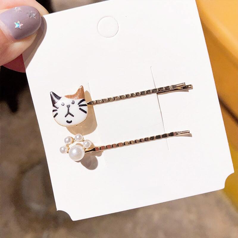 

2pcs Cat & Faux Pearl Decor Bobby Pin, Gold