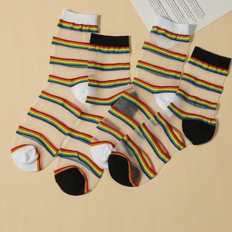 

2pairs Rainbow Stripe Mesh Socks, Multicolor