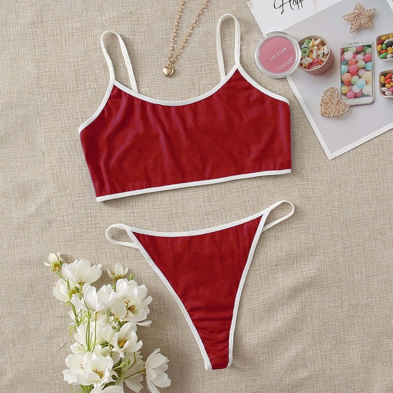 

Contrast Binding Thong Lingerie Set, Red