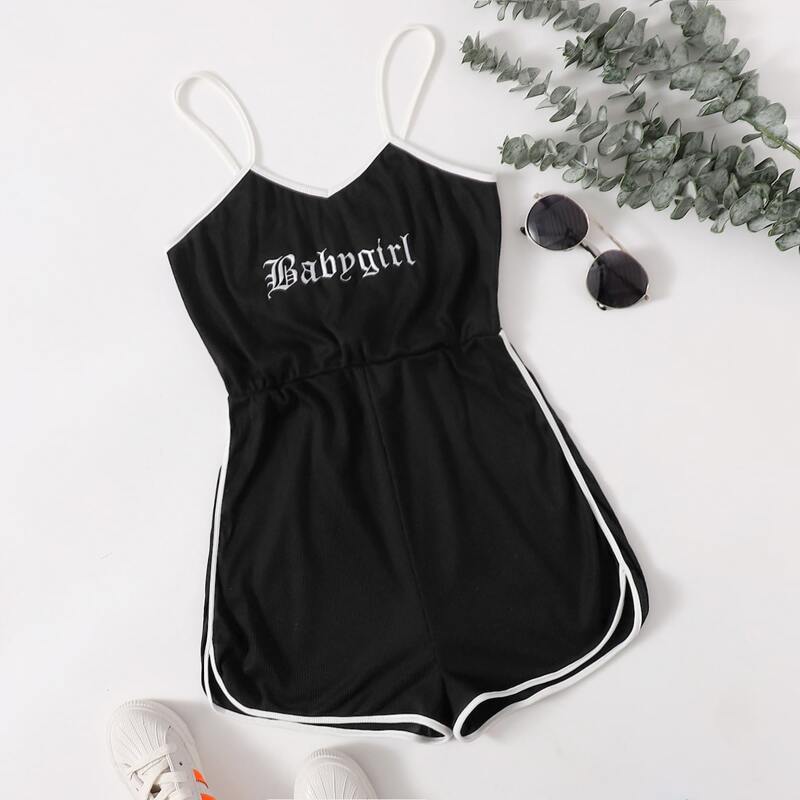 

Letter Graphic Contrast Binding Cami Romper, Black
