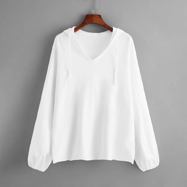 

Drop Shoulder Solid Drawstring Hoodie, White