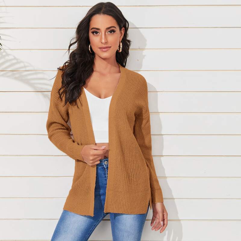 

Drop Shoulder Slit Hem Solid Cardigan, Brown