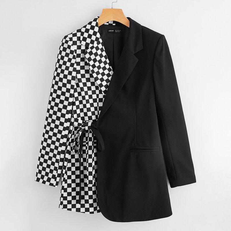 

Lapel Neck Checked Spliced Tie Side Blazer, Black and white
