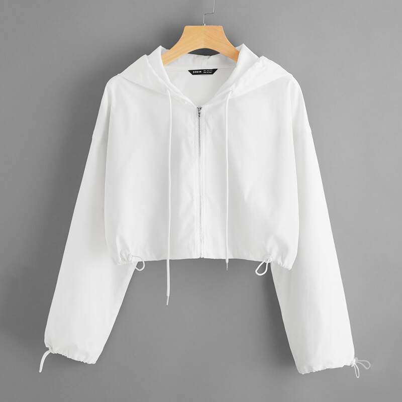 

Drawstring Detail Lantern Sleeve Zip Up Hooded Jacket, White
