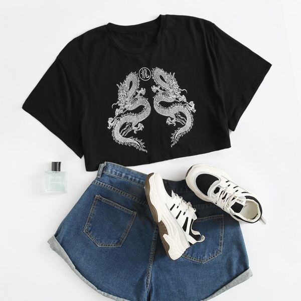 

Chinese Letter & Dragon Print Crop Tee, Black