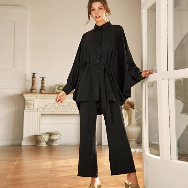 

Belted Batwing Sleeve Tunic Top With Pants, Black