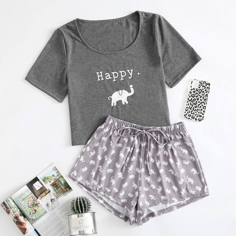 

Cartoon And Letter Graphic Pajama Set, Grey