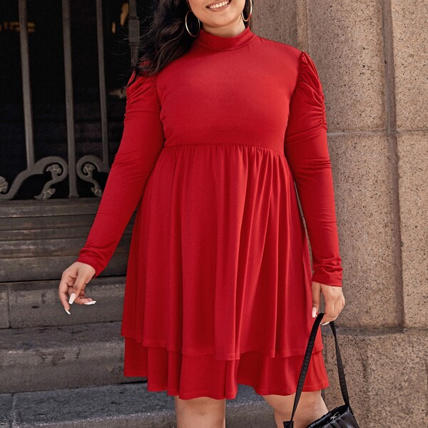 

Plus Mock Neck Puff Sleeve Layered Hem Dress, Red