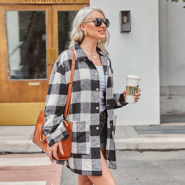 

Gingham Print Button Through Overcoat, Black and white