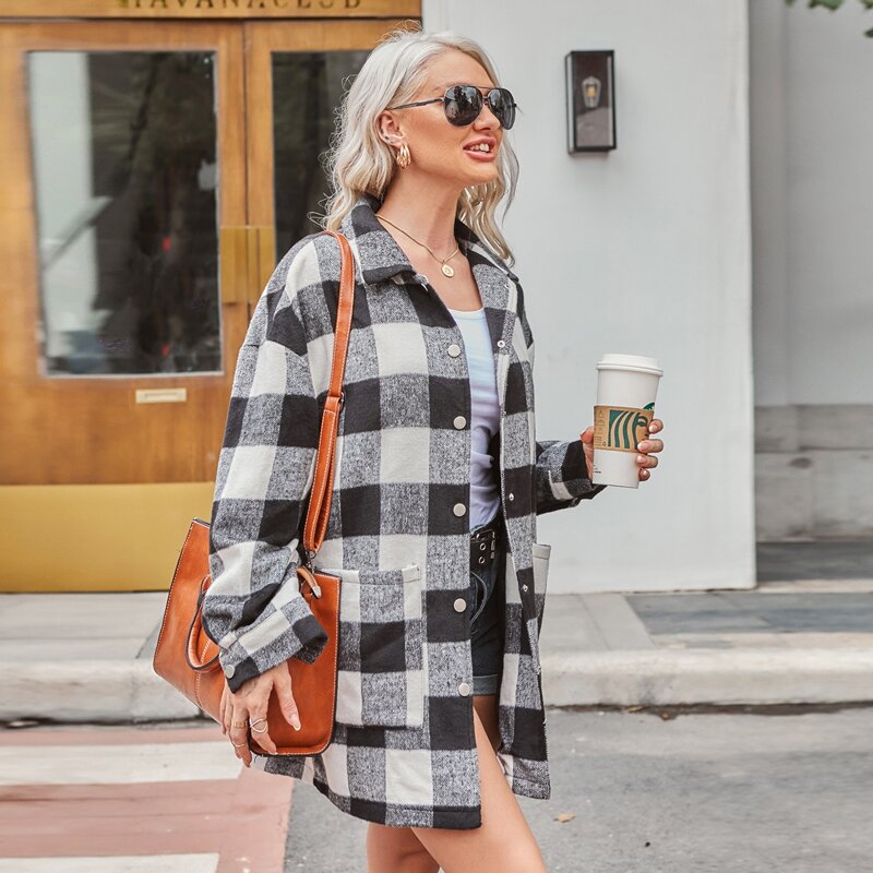 

Gingham Print Button Through Overcoat, Black and white