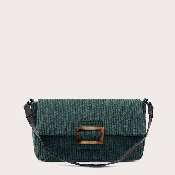 

Buckle Decor Flap Baguette Bag, Green