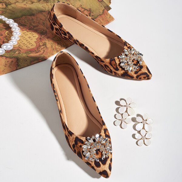

Rhinestone Decor Leopard Flats, Brown