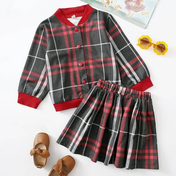 

Toddler Girls Plaid Print Bomber Jacket And Skirt, Multicolor