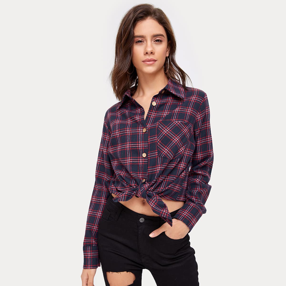

Plaid Button Front Blouse, Multicolor