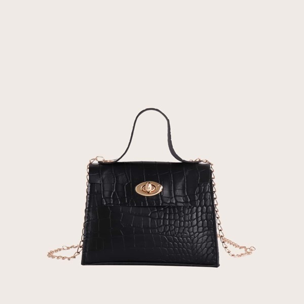 

Girls Croc Embossed Twist Lock Satchel Bag, Black