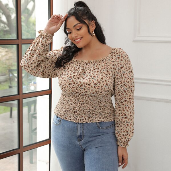 

Plus Ditsy Floral Frill Shirred Blouse, Multicolor