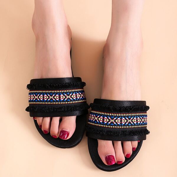 

Open Toe Fringe Trim Slides, Black