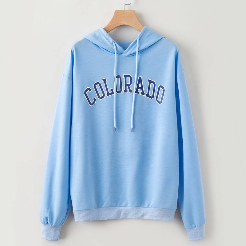 

Letter Drawstring Hoodie, Blue pastel