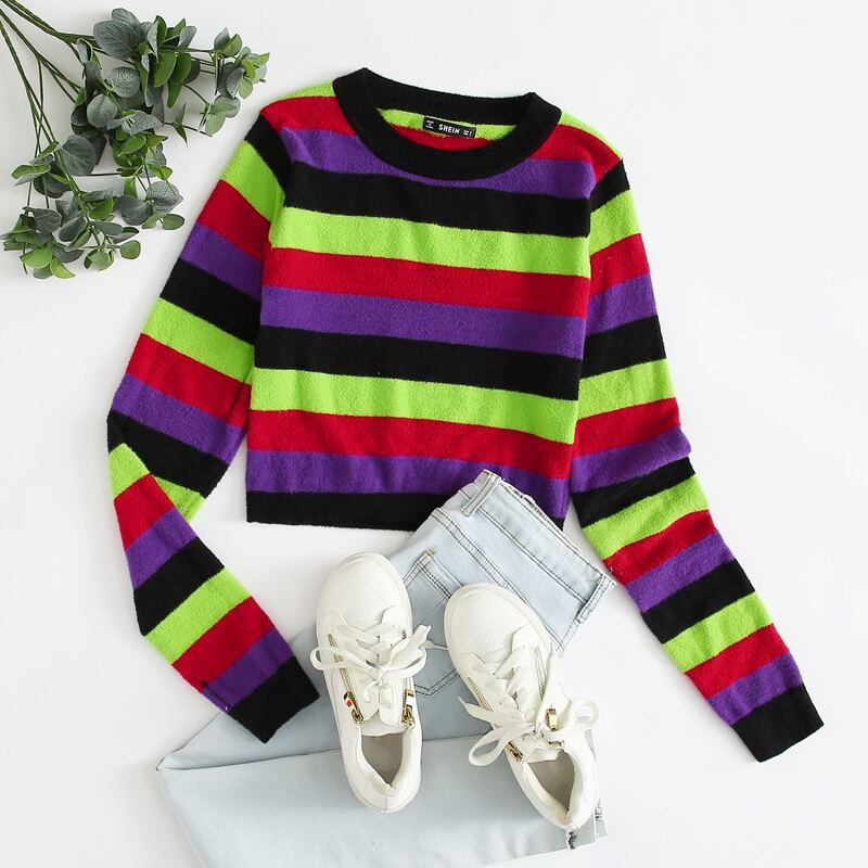 

Colorful Striped Crop Sweater, Multicolor