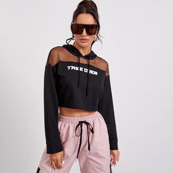 

Letter Graphic Contrast Mesh Drawstring Crop Hoodie, Black