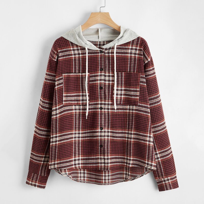 

Plaid Hooded Button Front Blouse, Multicolor