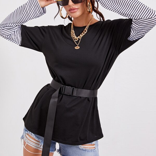 

Striped Belted 2 In 1 Tee, Black