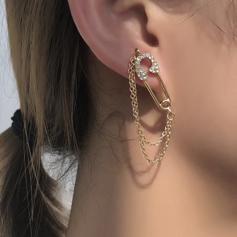 

Rhinestone Decor Safety Pin Design Earrings, Gold