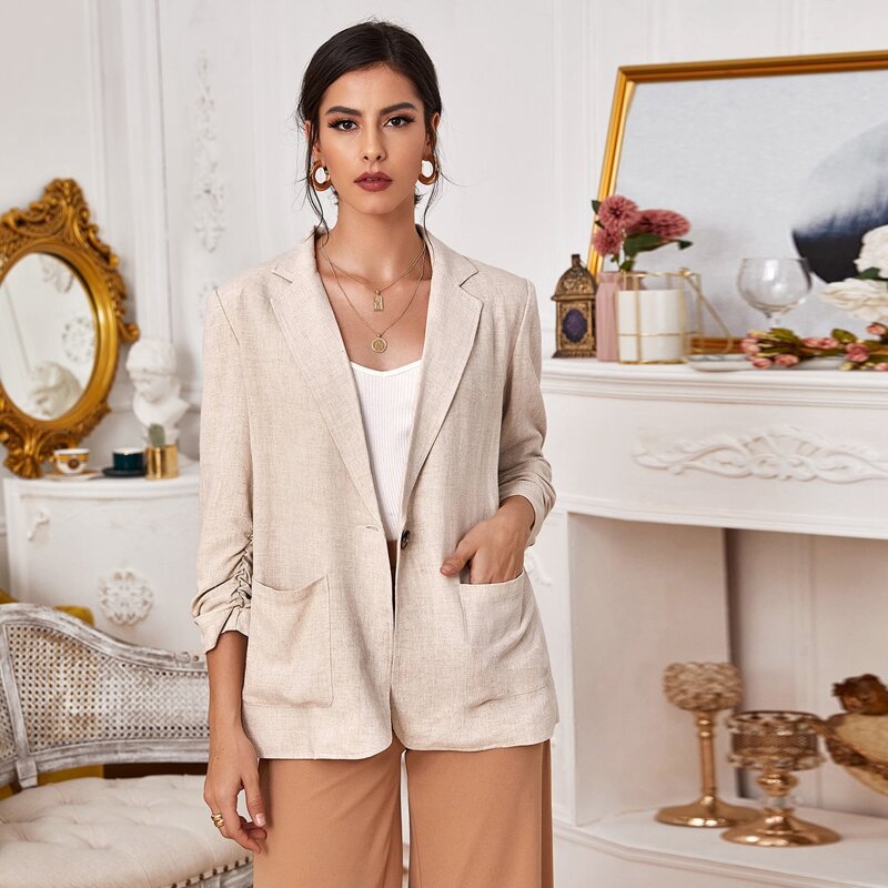 

Lapel Neck Ruched Cuff Blazer, Beige