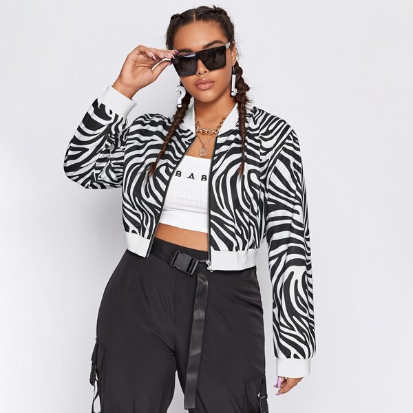 

Plus Zebra Stripe Zip Up Bomber Jacket, Black and white