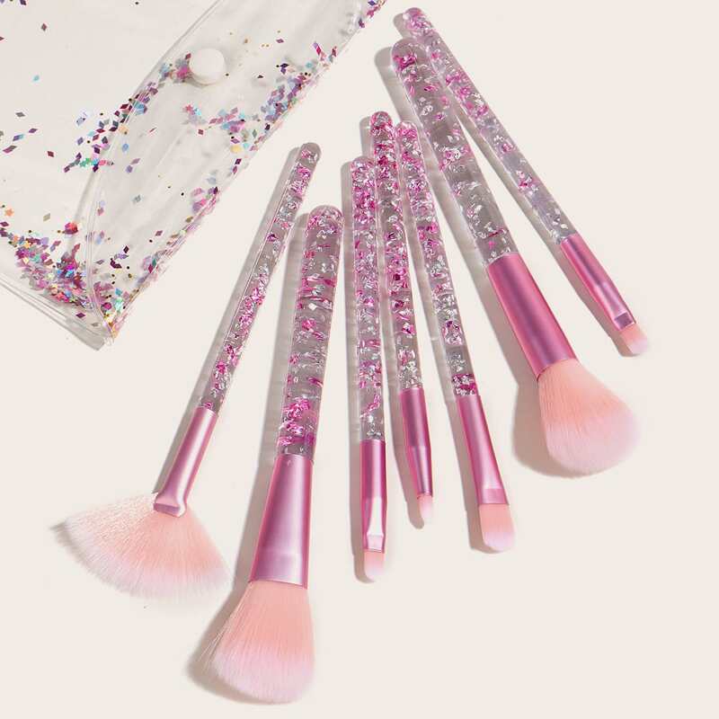 

7pcs Glitter Handle Makeup Brush With 1pc Storage Bag, Multicolor
