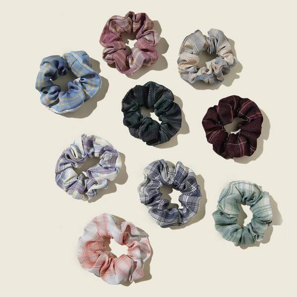 

9pcs Toddler Girls Plaid Pattern Scrunchie, Multicolor