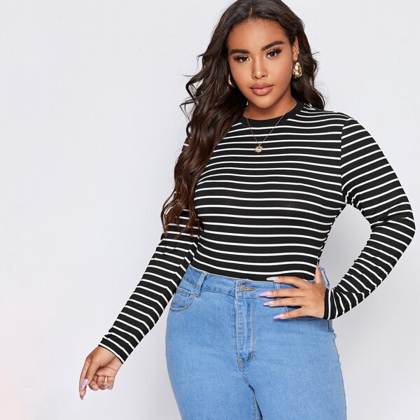 

Plus Striped Crew Neck Tee, Black and white