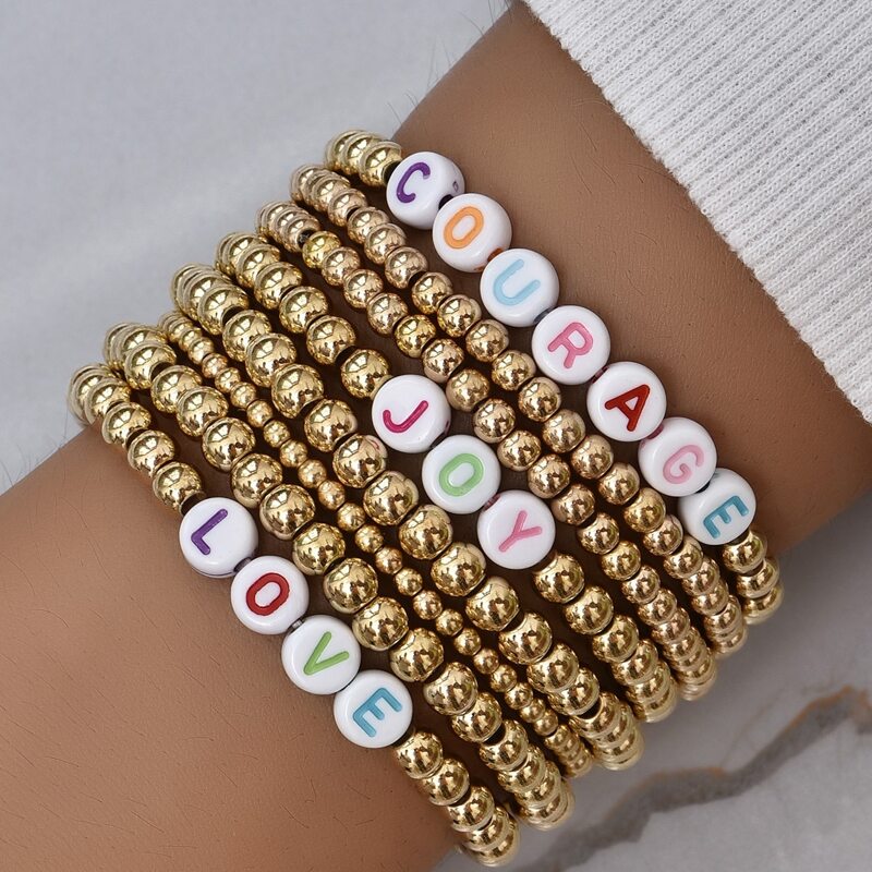 

8pcs Letter Beaded Bracelet, Gold