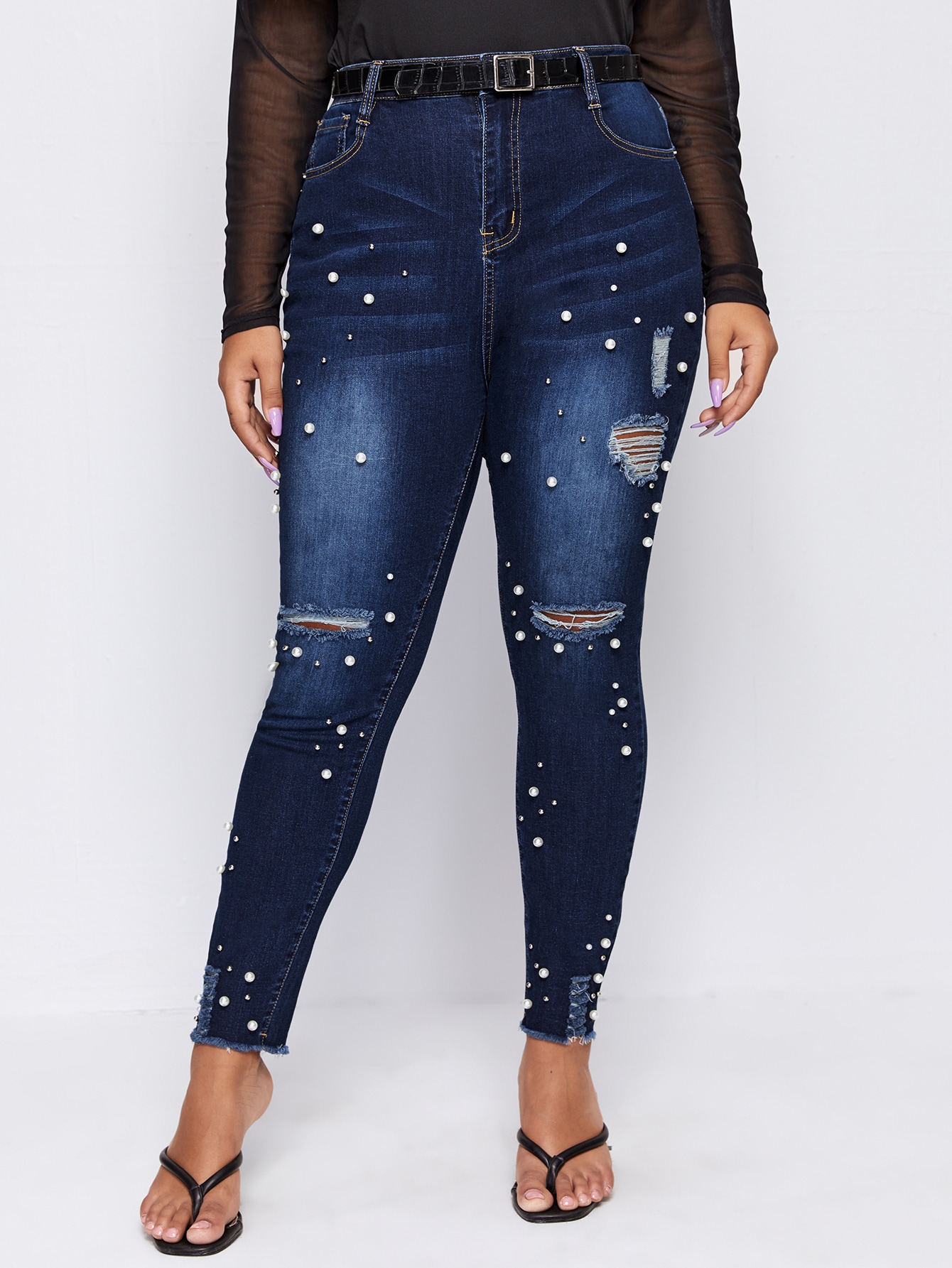 Plus Pearl Beaded Ripped Skinny Jeans Without Belt thumbnail