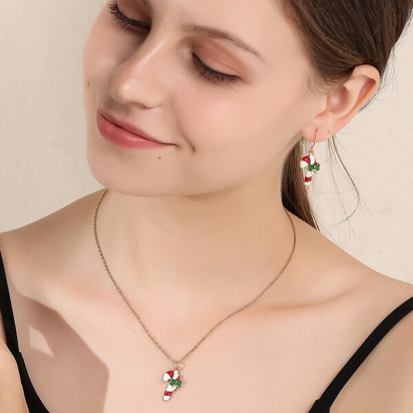 

1pc Candy Cane Charm Necklace & 1pair Drop Earrings, Gold