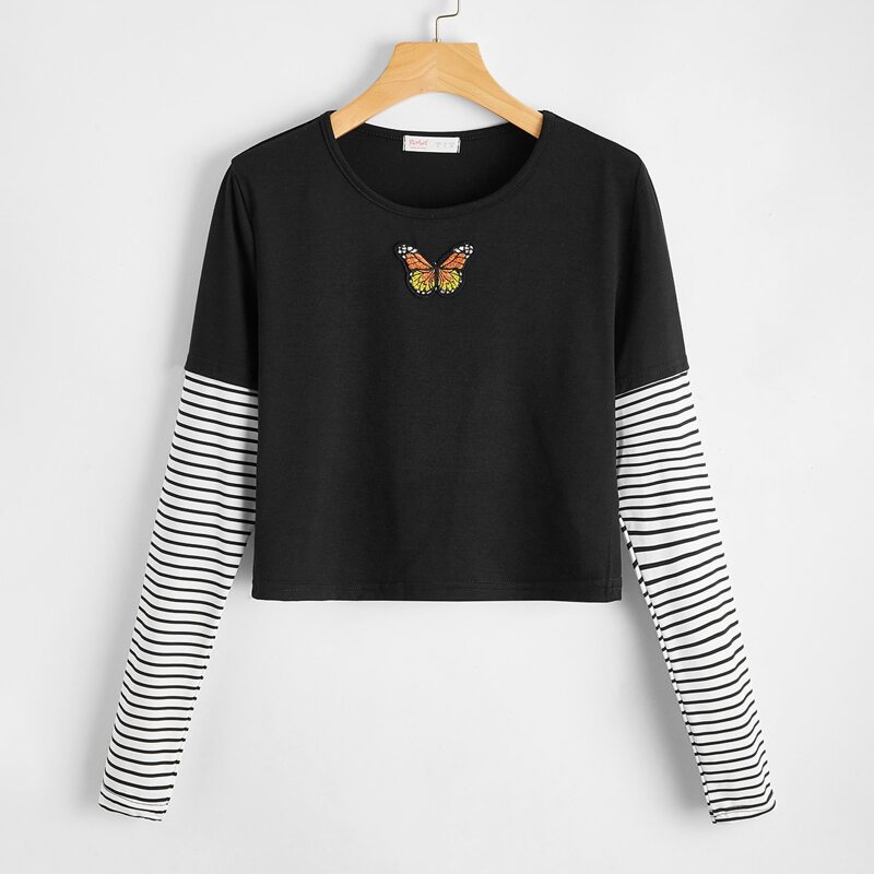 

Butterfly Embroidery Contrast Striped Sleeve Tee, Black