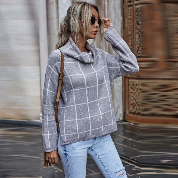 

Plaid Pattern Turtle Neck Drop Shoulder Sweater, Light grey
