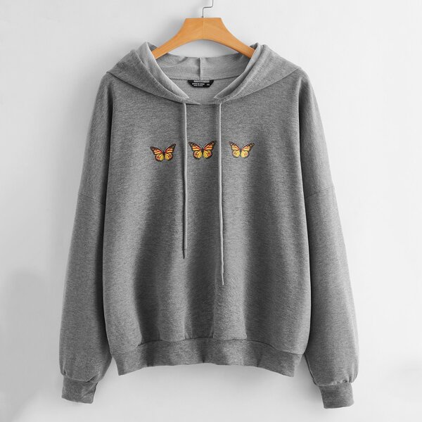 

Plus Butterfly Print Drawstring Hoodie, Grey