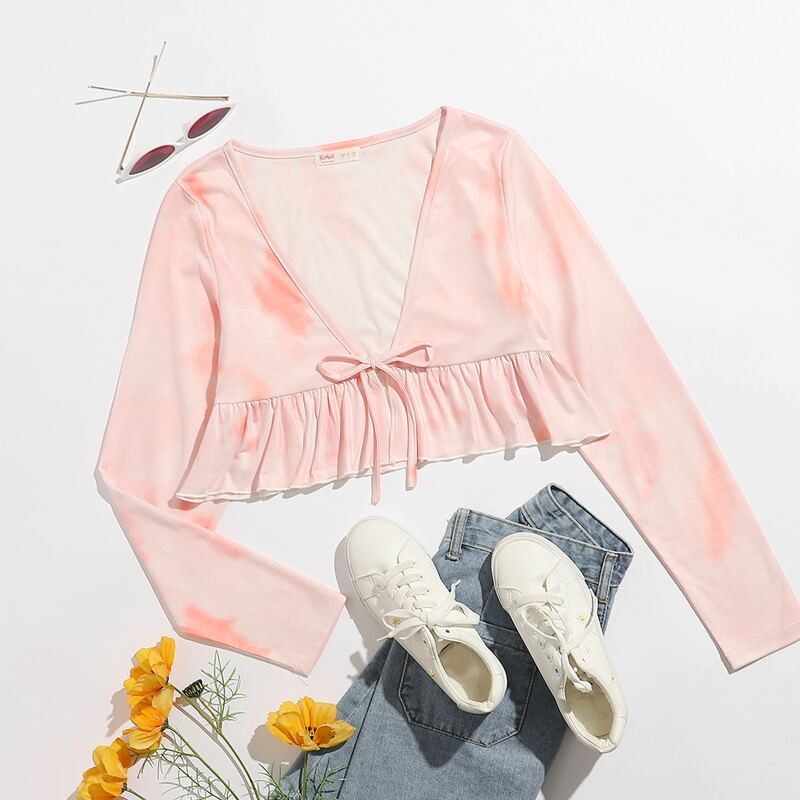 

Tie Dye Tie Front Crop Top, Coral pink