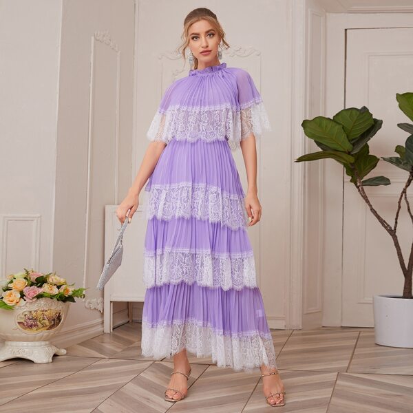 

Frill Neck Layered Pleated Hem Lace Detail Dress, Lilac purple
