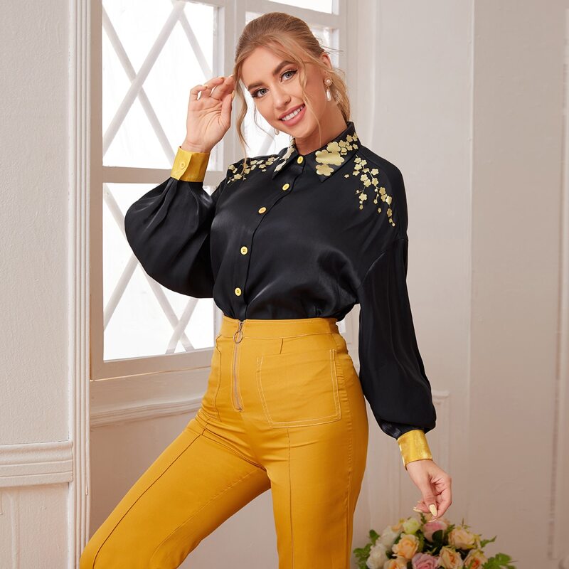 

Floral Print Oversized Blouse, Black