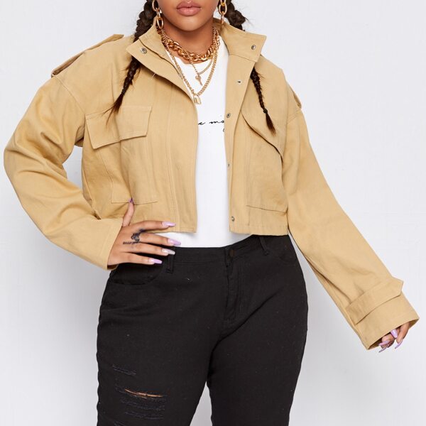 

Plus Funnel Neck Epaulet Flap Pocket Jacket, Khaki