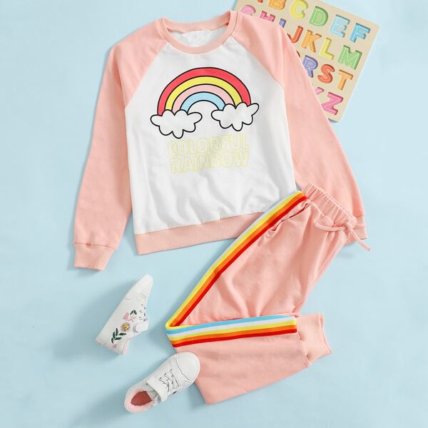 

Girls Rainbow and Letter Graphic Raglan Sleeve Pullover & Sweatpants Set, Multicolor