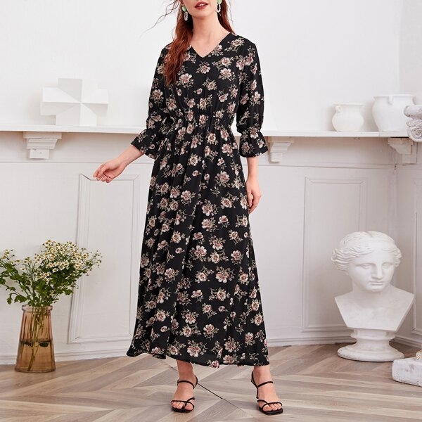 

Floral Print Flounce Sleeve V-Neck Dress, Black