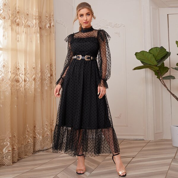

Frill Neck Ruffle Trim Polka Dot Flocked Mesh Dress Without Belt, Black